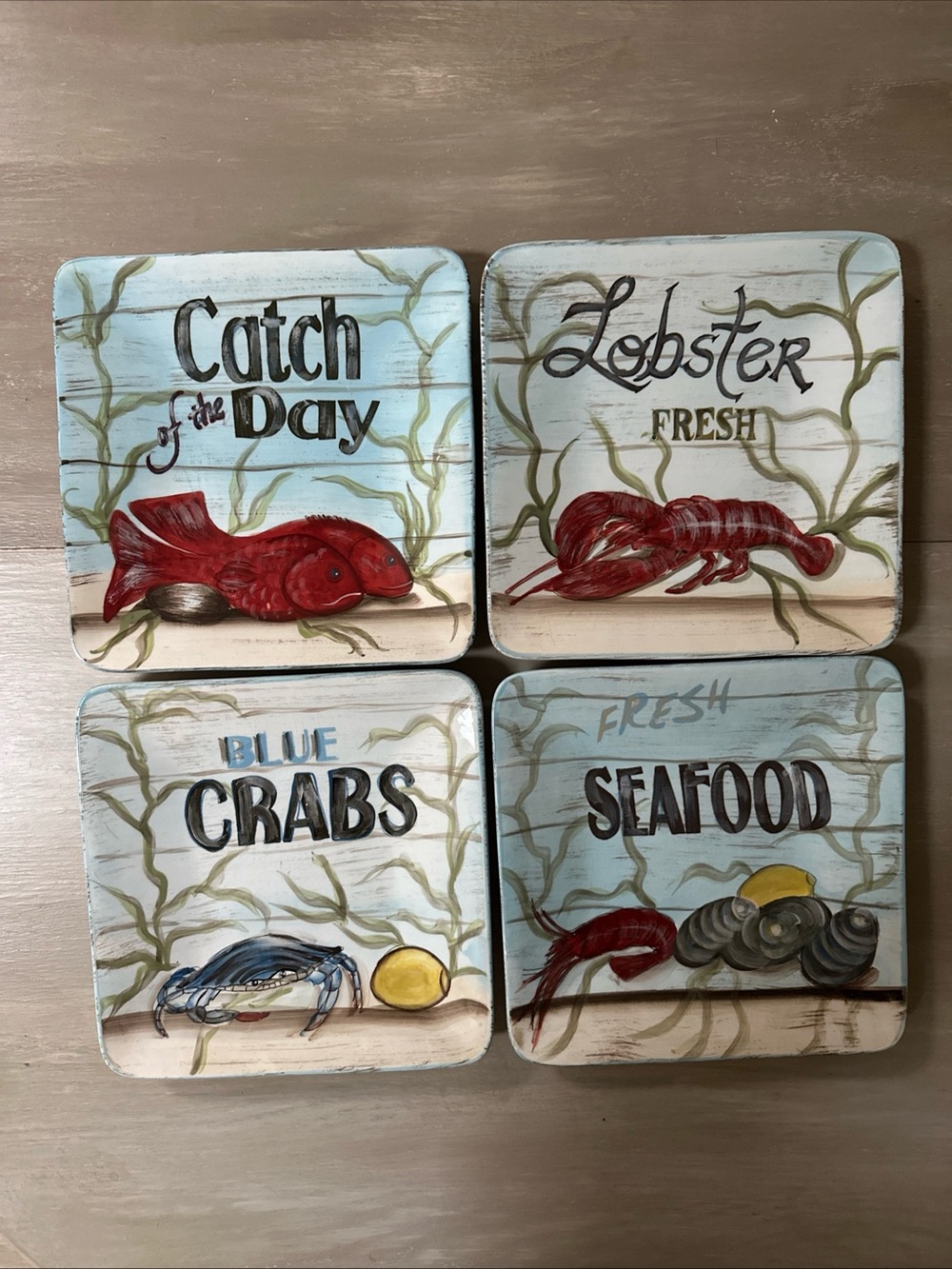 Set of 4 Kate McRostie Seafood Plates 9”  Beach Ocean Buffet Dinner Plates -Rare